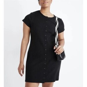 MADEWELL WOMEN'S BLACK SHORT SLEEVE BUTTON FRONT RIBBED MINI DRESS Sz XL
